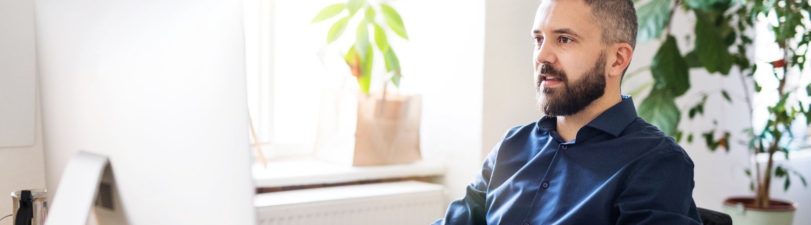Umschulung Kaufleute für Büromanagement Männlicher Teilnehmer mit Bart und blauem Hemd der Umschulung zum Kaufmann für Büromanagement bearbeitet eine Projektaufgabe am Computer. Bild zeigt Büroumgebung, es stehen 2 Pflanzen im Raum.